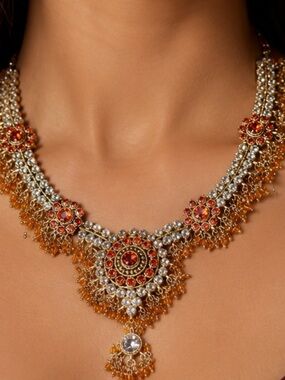 Ethnic Indian Wear Red and Gold Bridal Necklace with Amber Accents